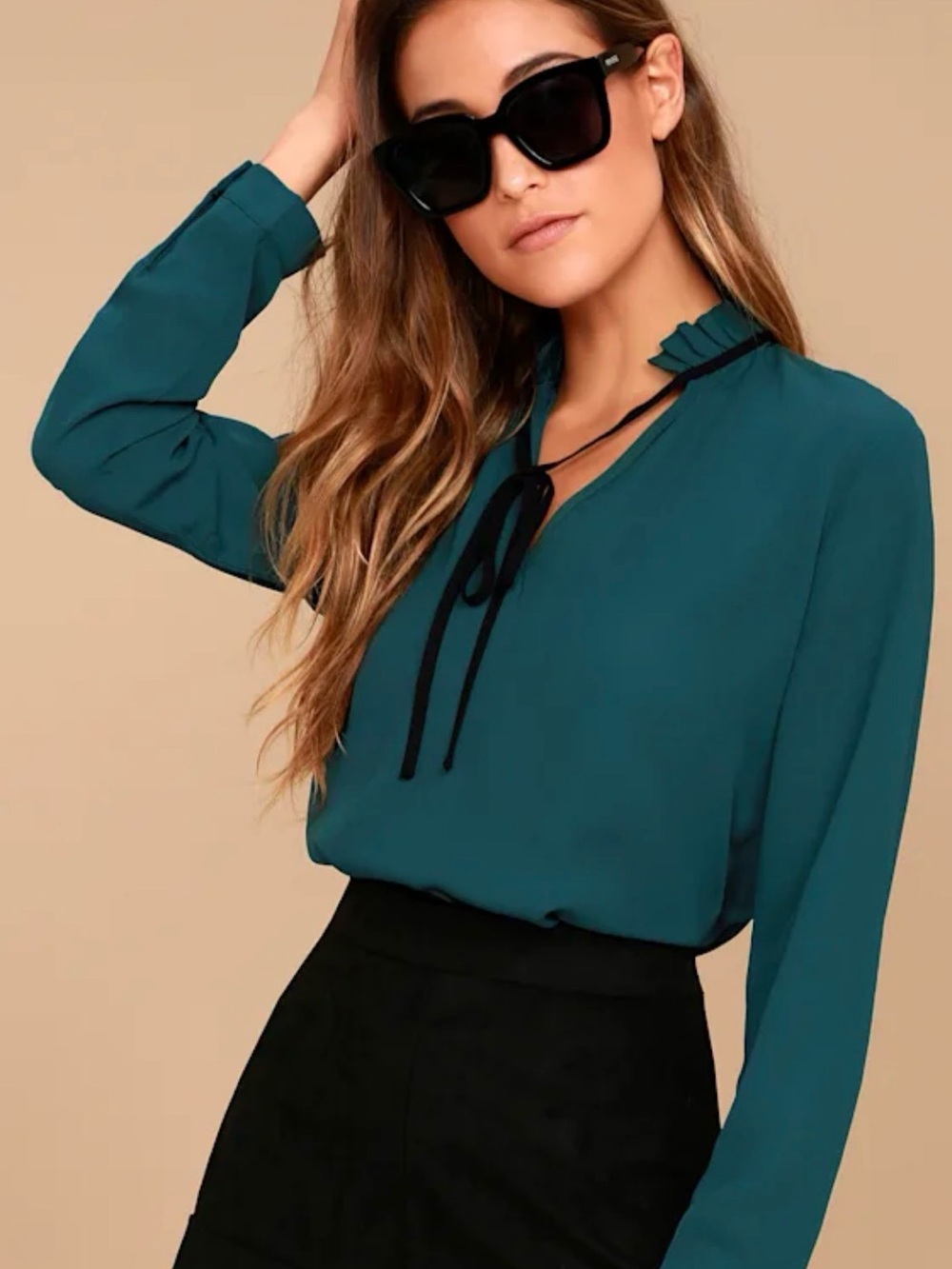Like New Lulus Tea Shop Teal Blue Ruffle Tie-Neck Long Sleeve Blouse | Size M